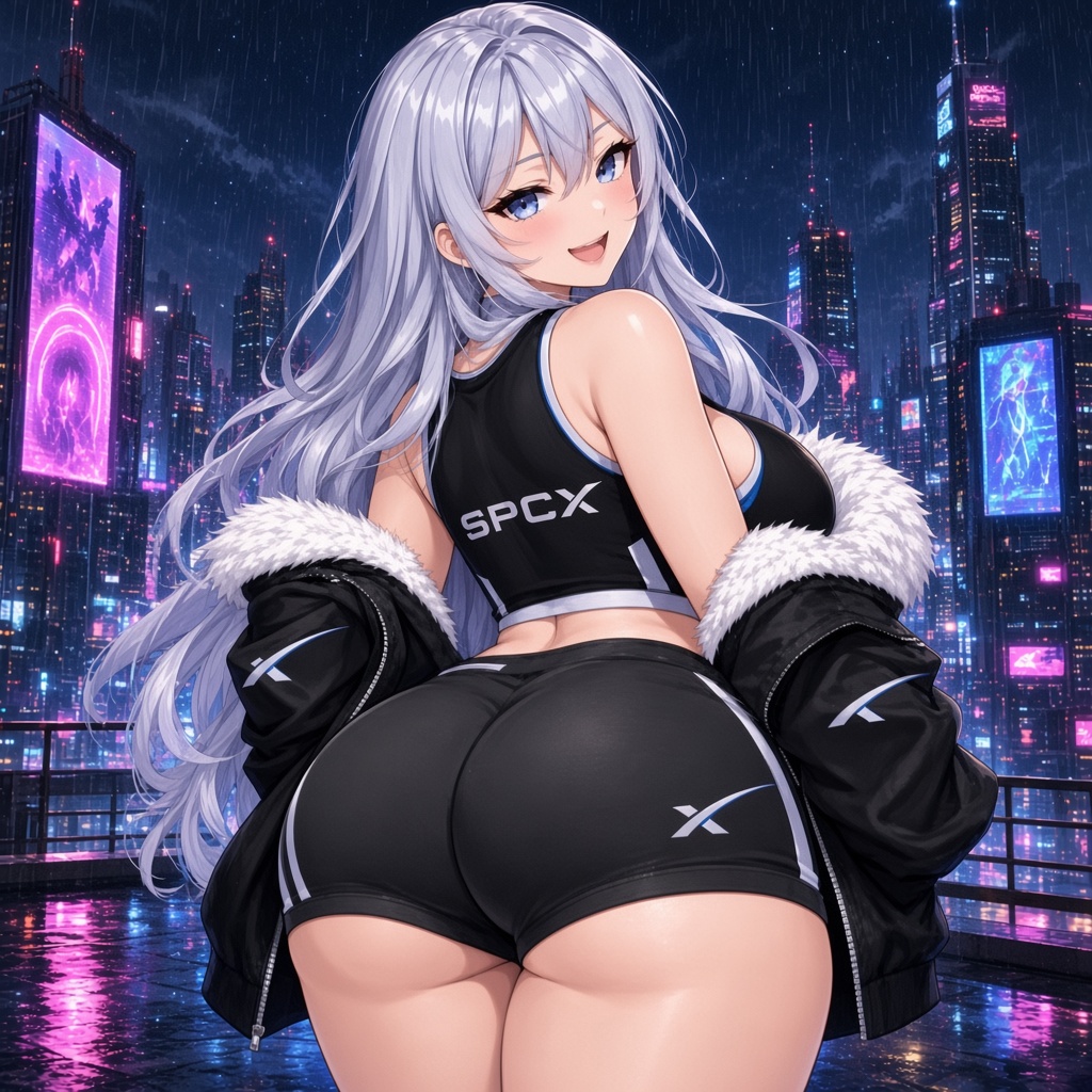 Sexy Peachy Cheeks Xposed on a rainy neon rooftop